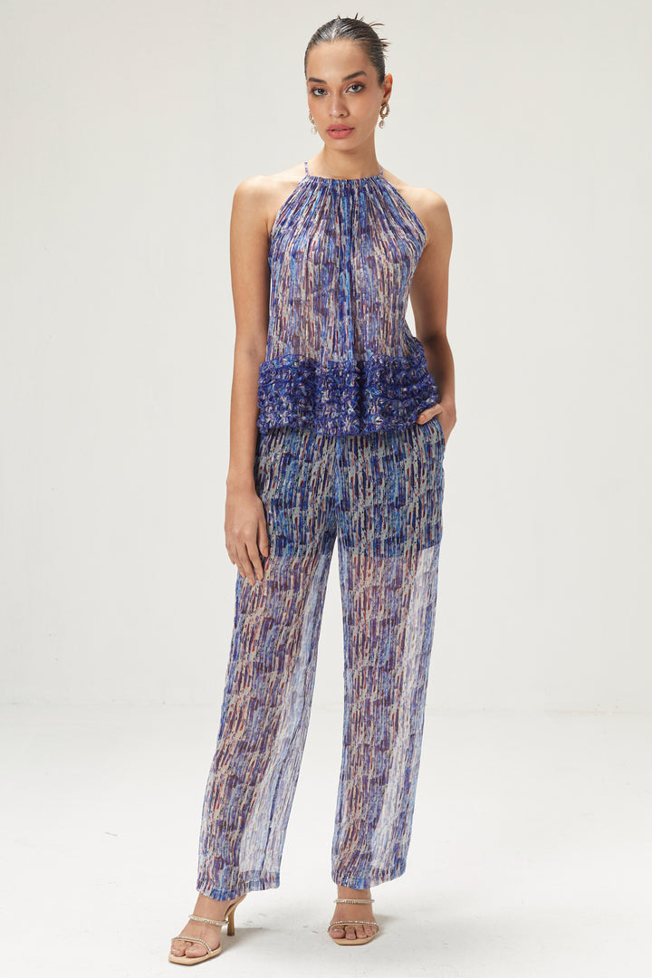 Dark Blue Printed Top And Pants Set