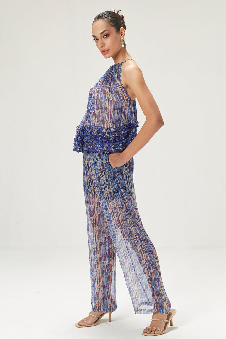 Dark Blue Printed Top And Pants Set