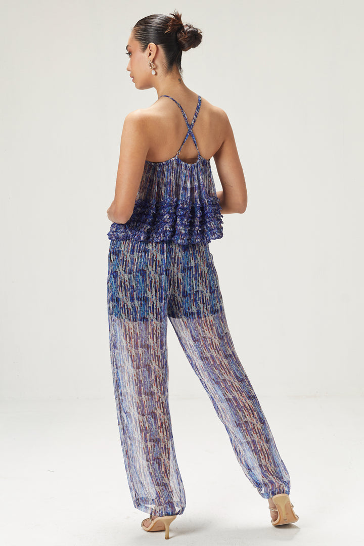 Dark Blue Printed Top And Pants Set