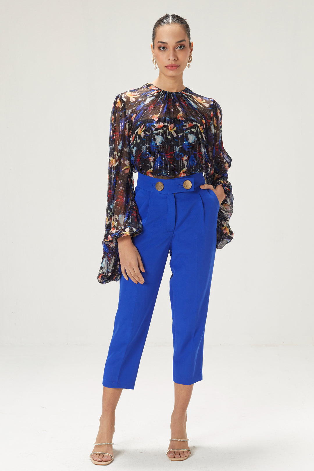 Dark Blue Printed Top And Pants Set