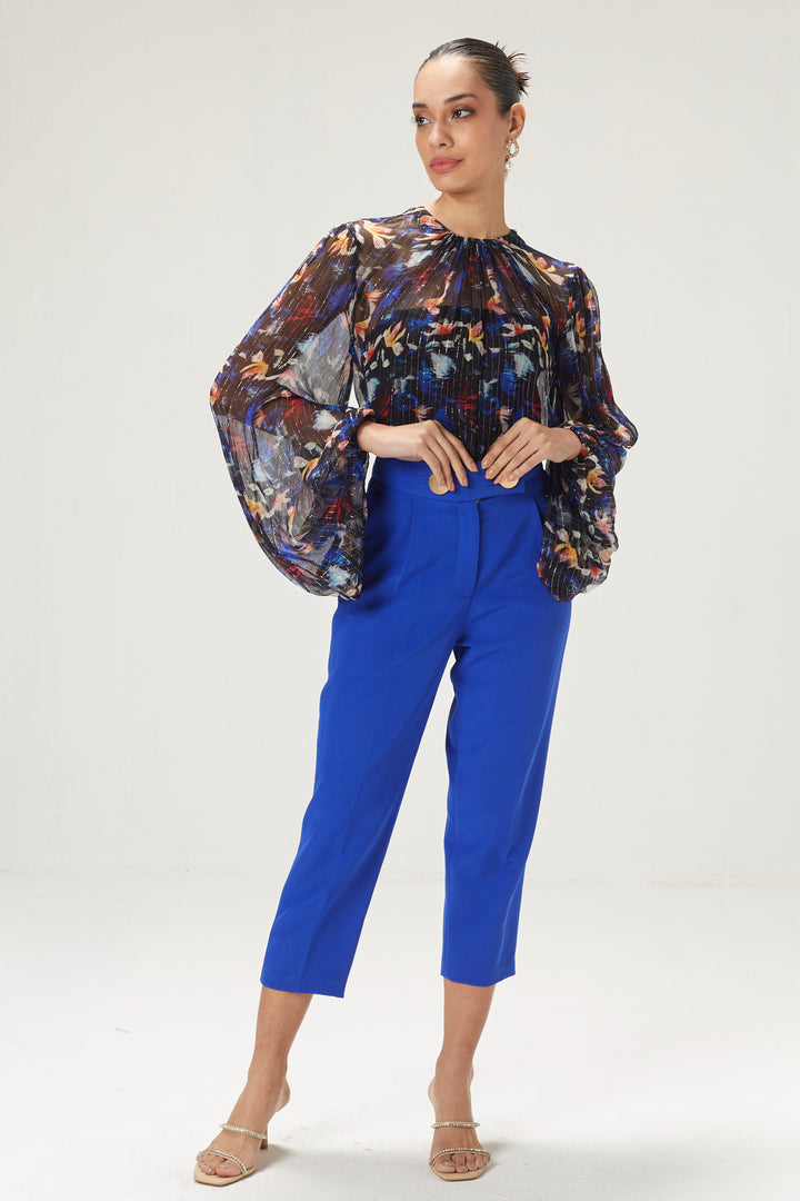 Dark Blue Printed Top And Pants Set