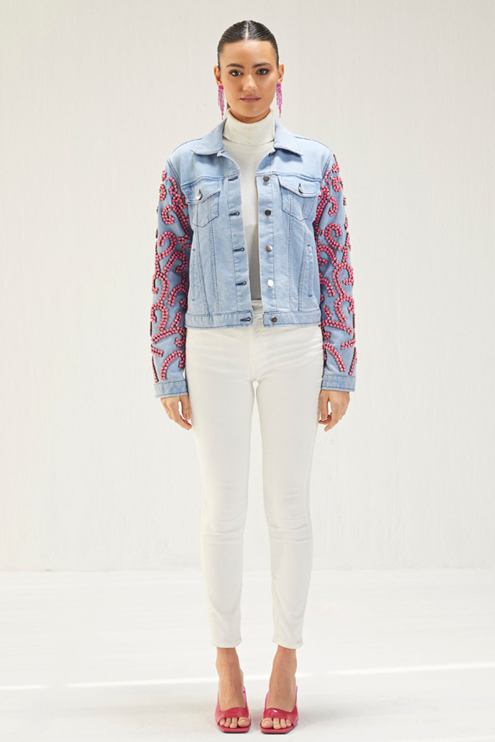 Light Denim Pink Stone Embellished Jacket