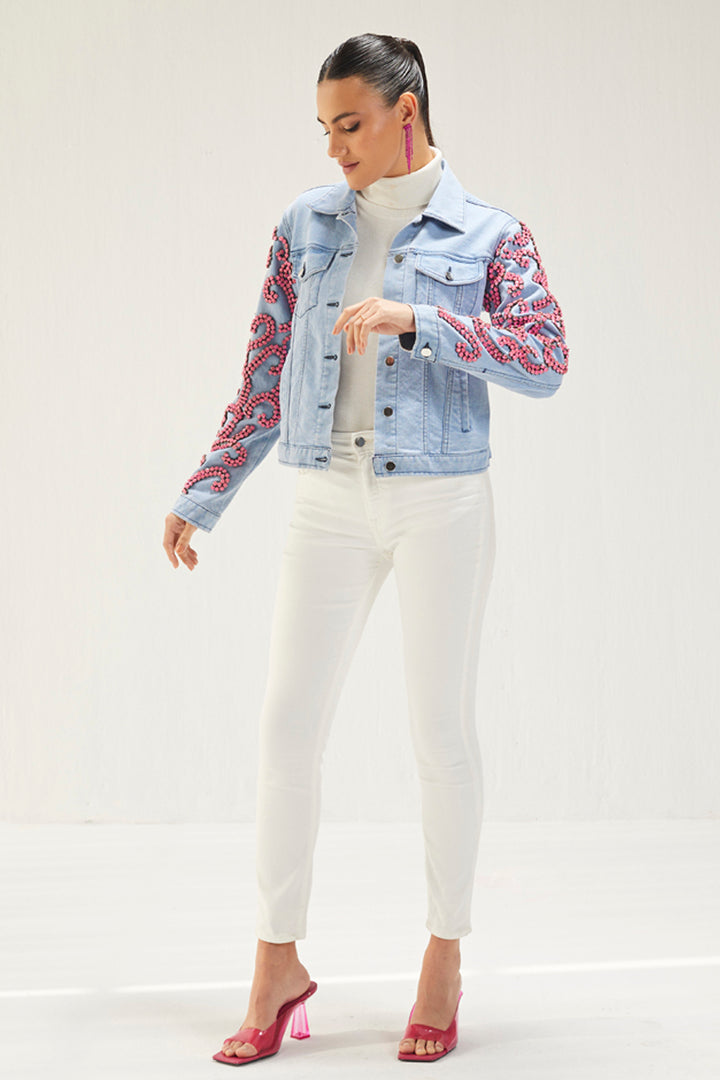 Light Denim Pink Stone Embellished Jacket