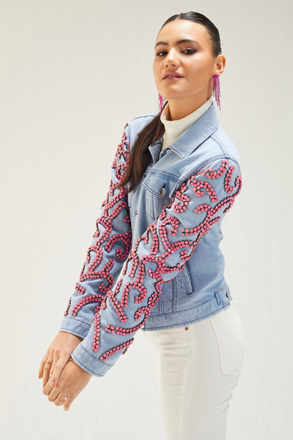 Light Denim Pink Stone Embellished Jacket