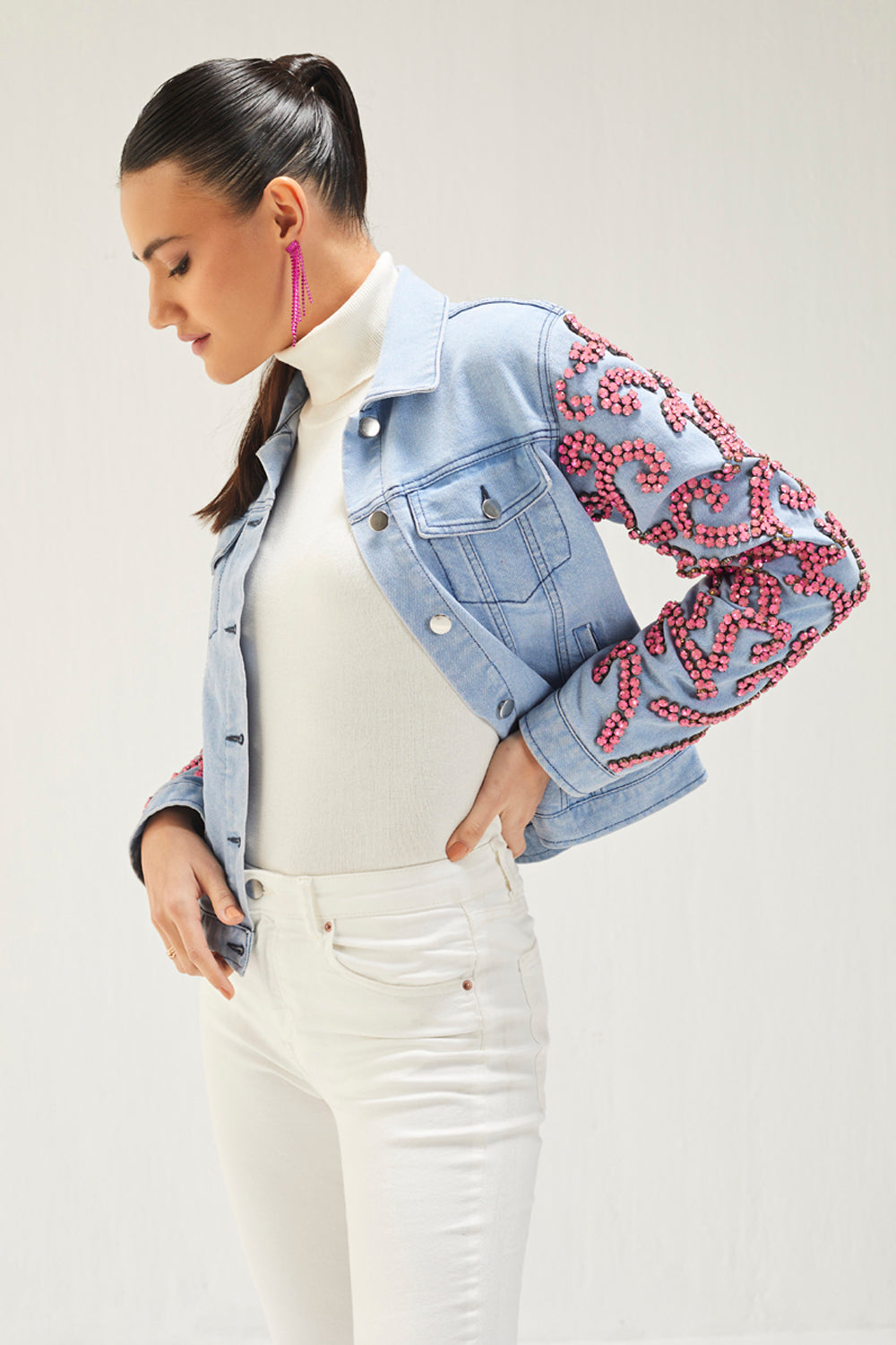 Light Denim Pink Stone Embellished Jacket