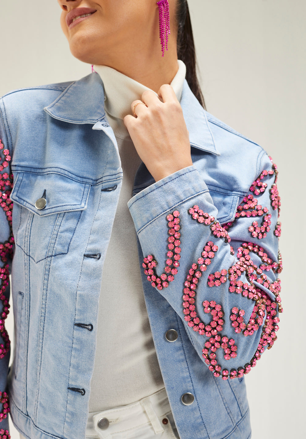 Light Denim Pink Stone Embellished Jacket