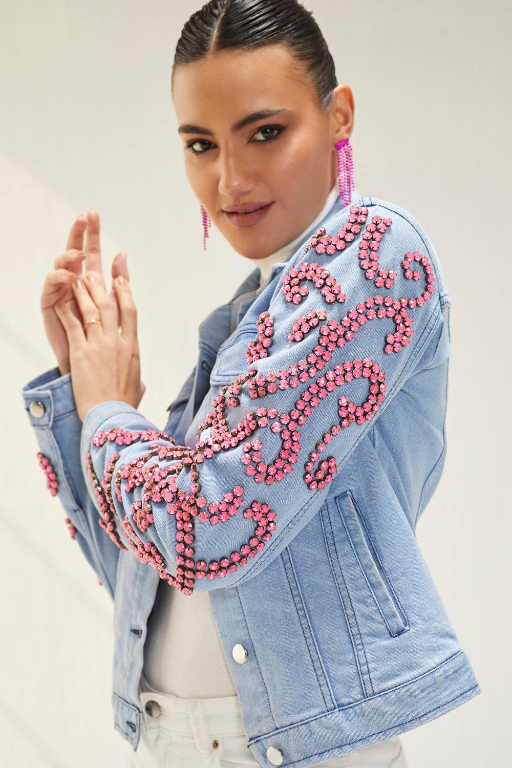 Light Denim Pink Stone Embellished Jacket