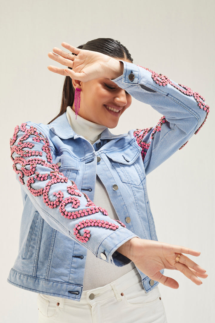 Light Denim Pink Stone Embellished Jacket