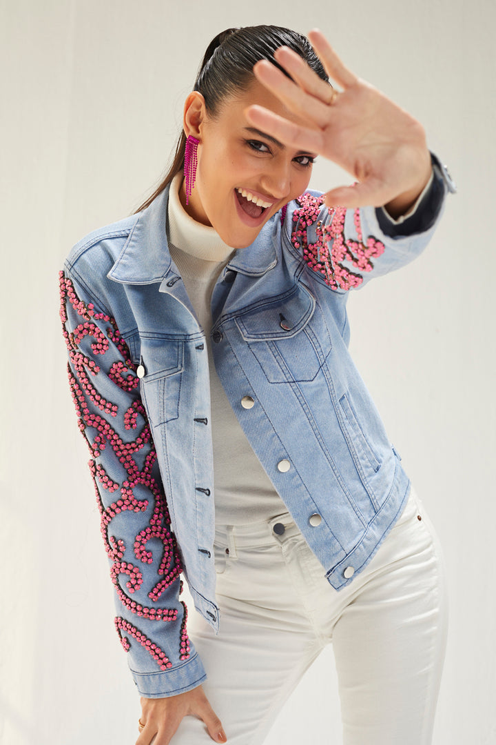 Light Denim Pink Stone Embellished Jacket