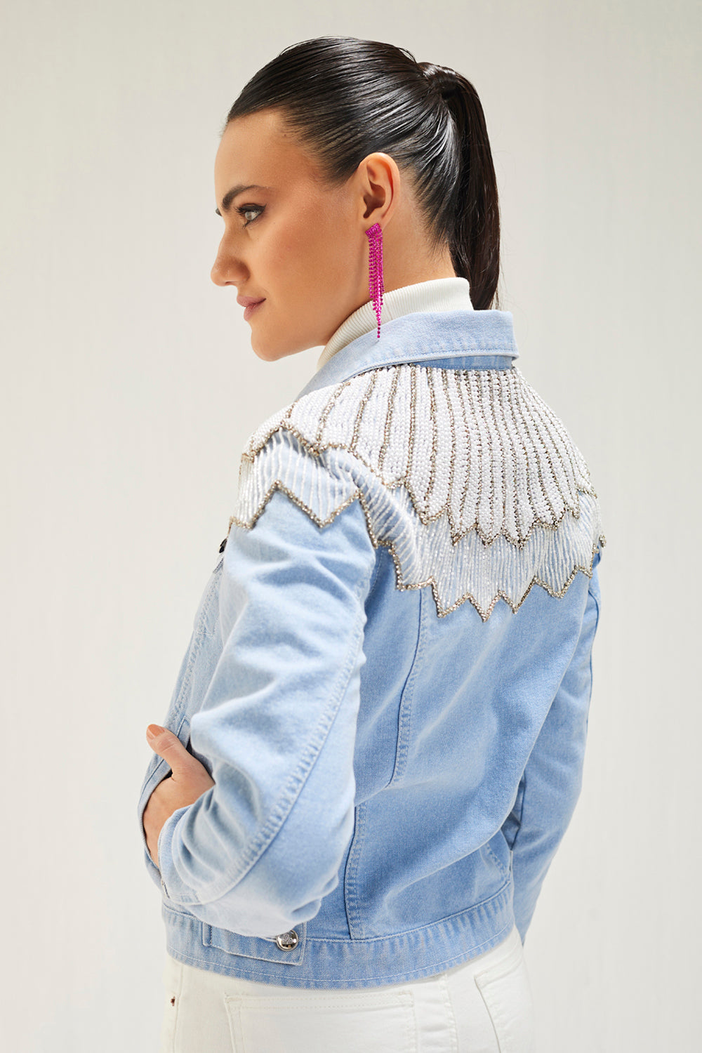 Light Denim Pearl Yoke Embellished Jacket