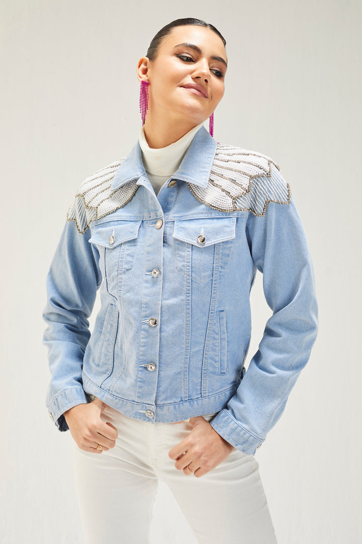 Light Denim Pearl Yoke Embellished Jacket