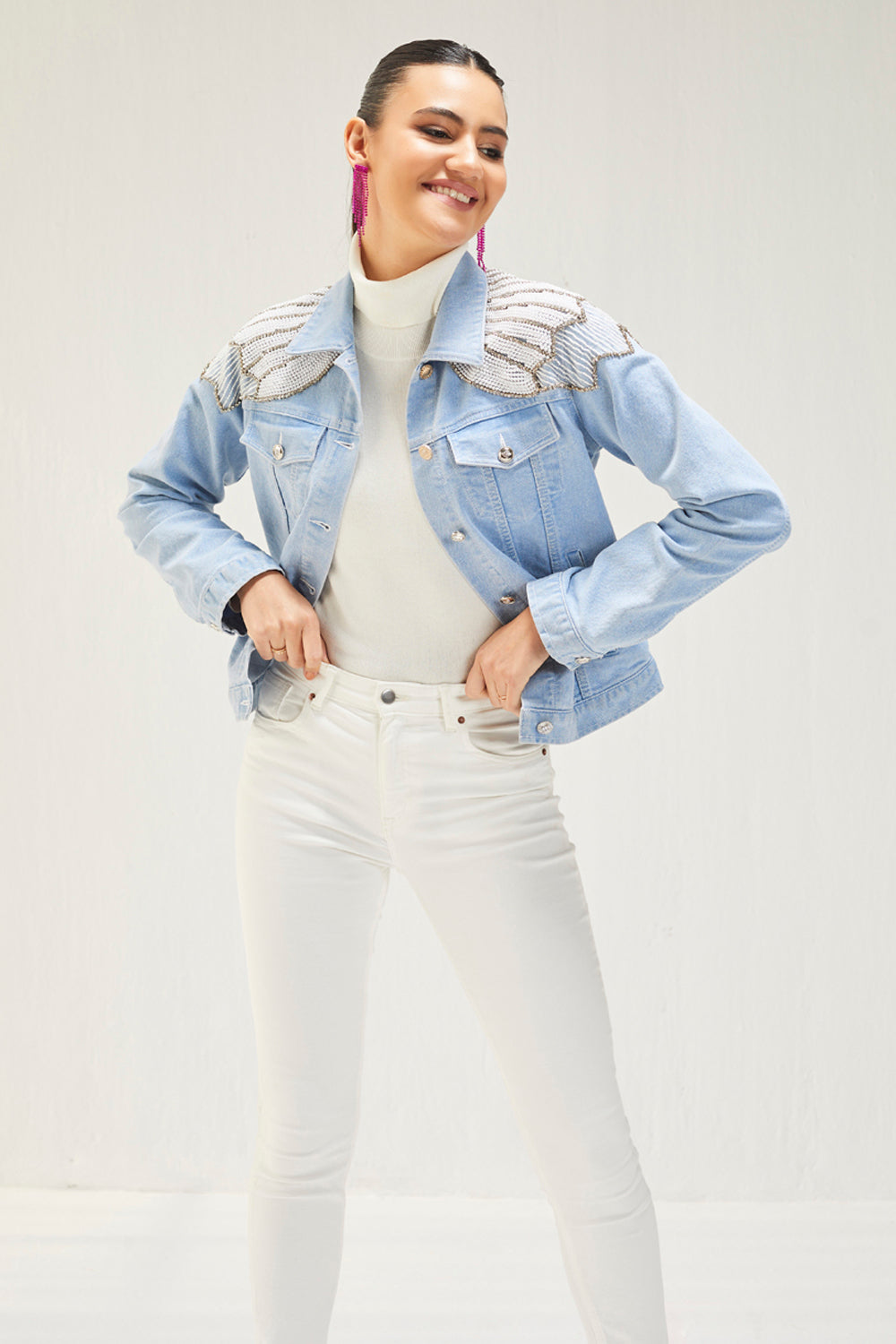 Light Denim Pearl Yoke Embellished Jacket