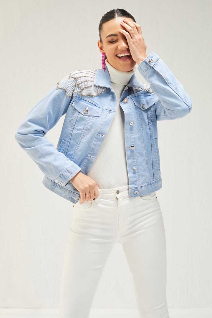 Light Denim Pearl Yoke Embellished Jacket