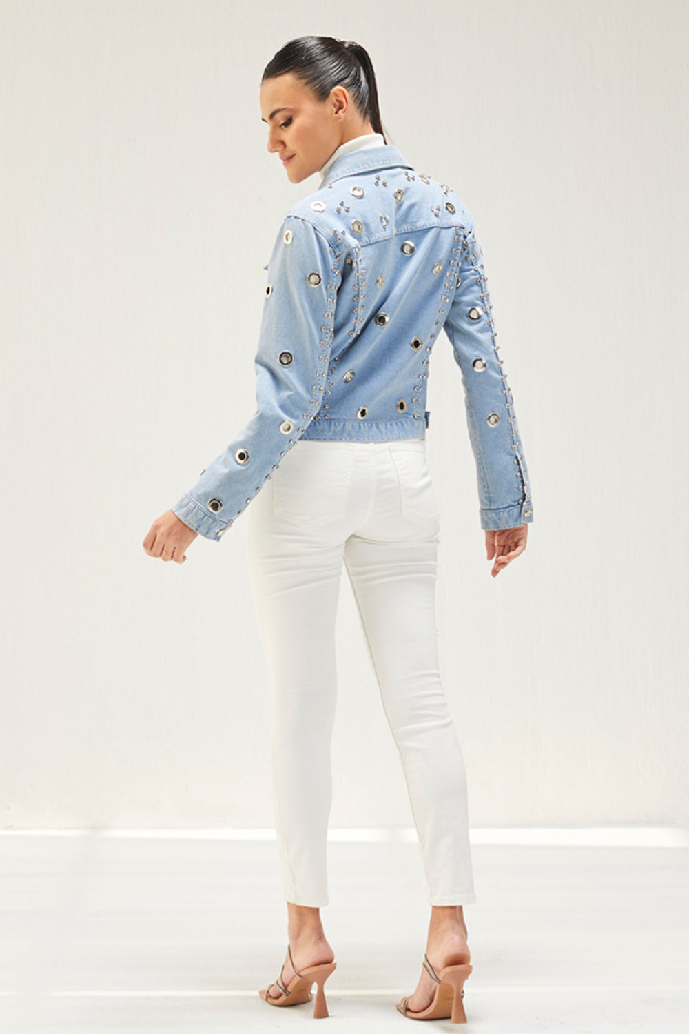 Light Denim Eyelet Embellished Jacket