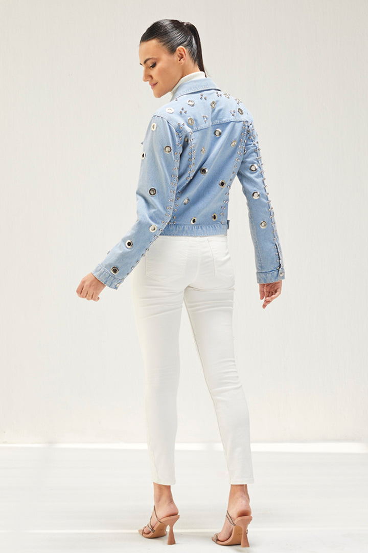 Light Denim Eyelet Embellished Jacket