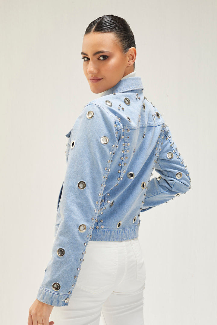 Light Denim Eyelet Embellished Jacket