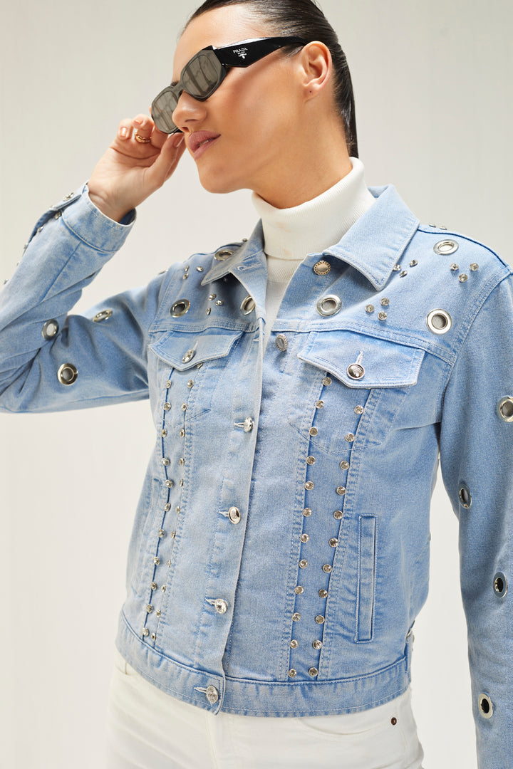 Light Denim Eyelet Embellished Jacket