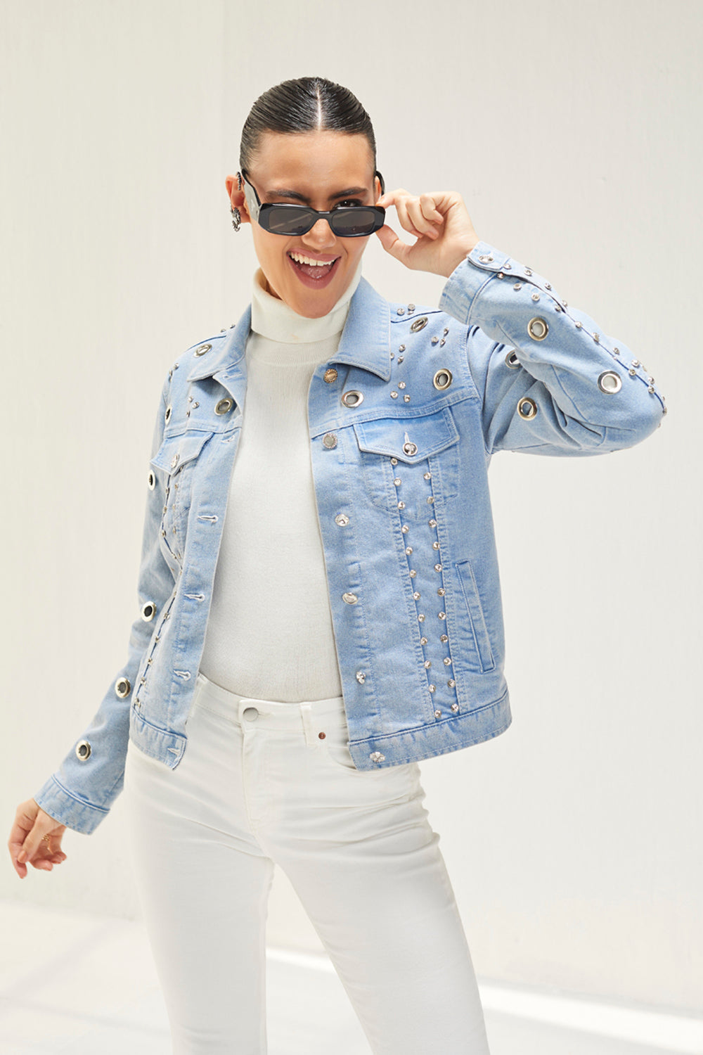 Light Denim Eyelet Embellished Jacket