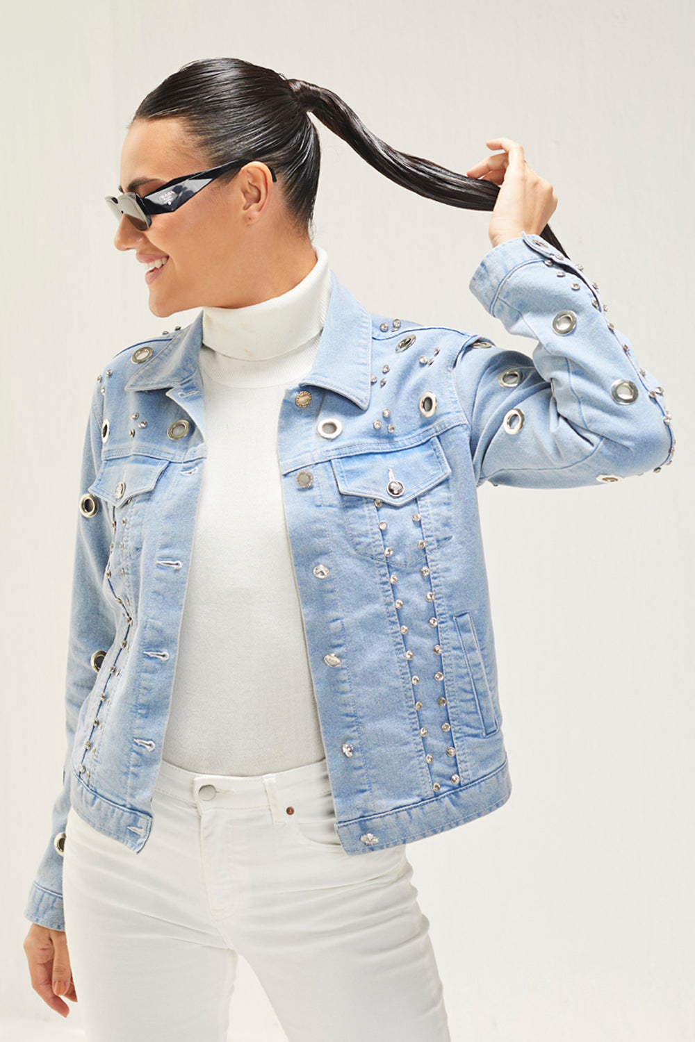 Light Denim Eyelet Embellished Jacket