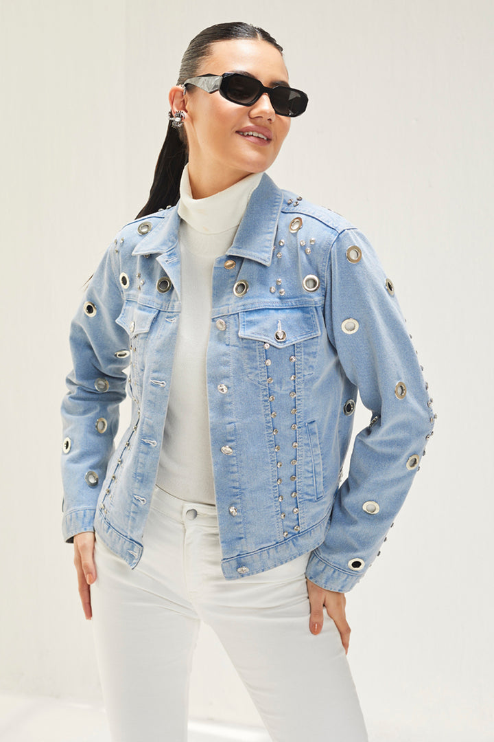 Light Denim Eyelet Embellished Jacket