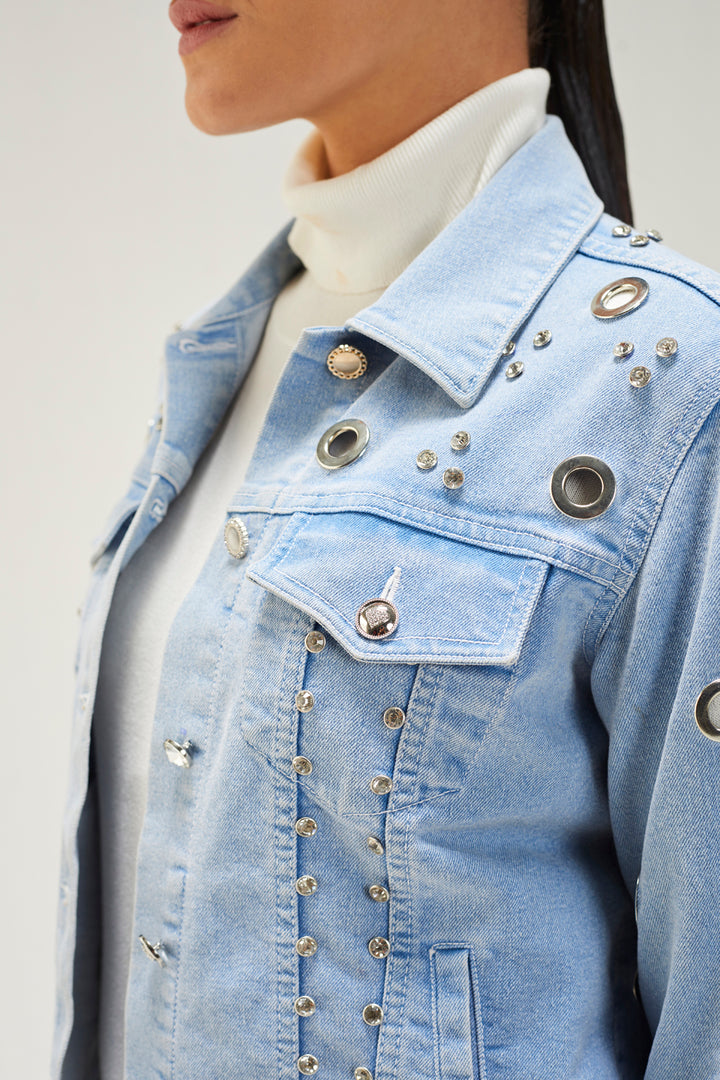 Light Denim Eyelet Embellished Jacket