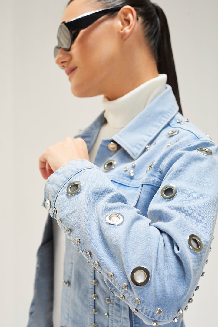 Light Denim Eyelet Embellished Jacket