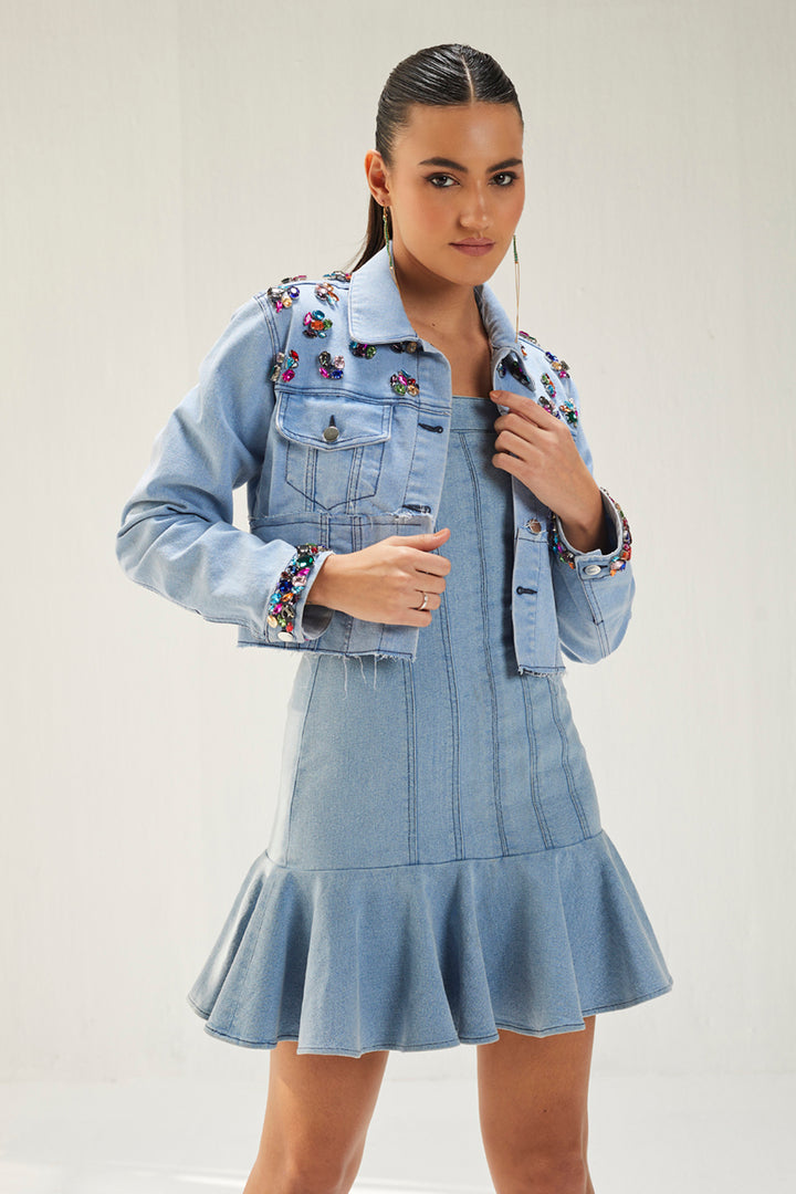 Light Denim Mini Dress With Jacket