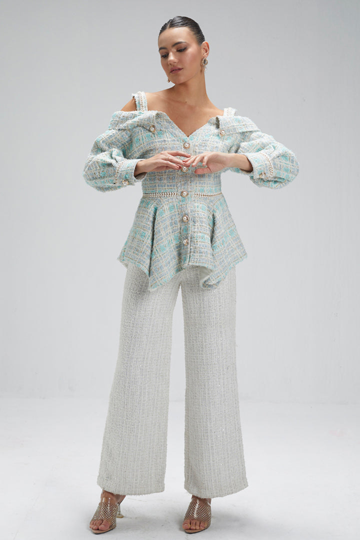 Powder Blue Tweed Off-Shoulder Jacket