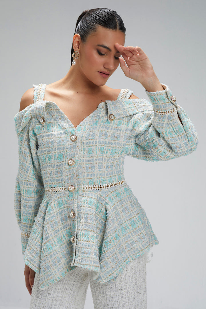 Powder Blue Tweed Off-Shoulder Jacket