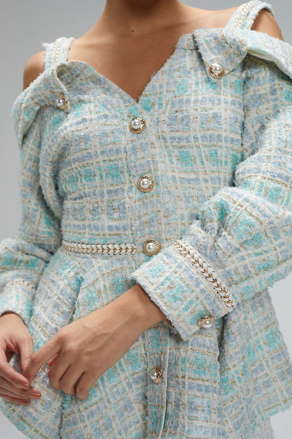 Powder Blue Tweed Off-Shoulder Jacket