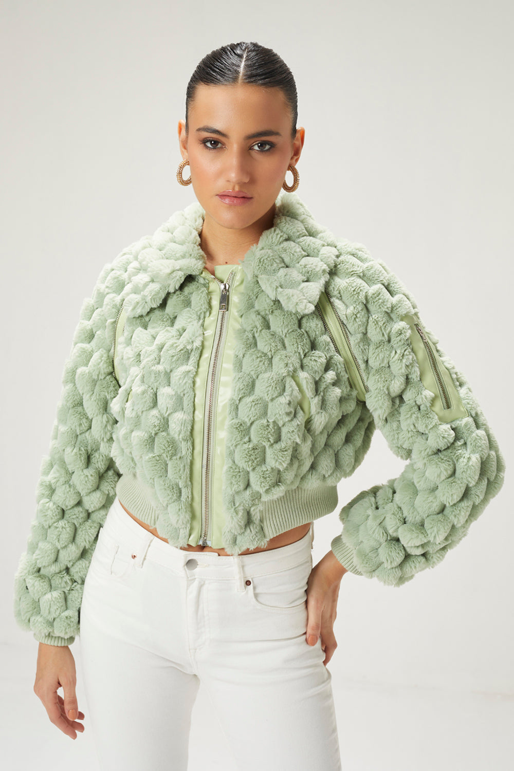 Mint Green Fur Bomber Jacket