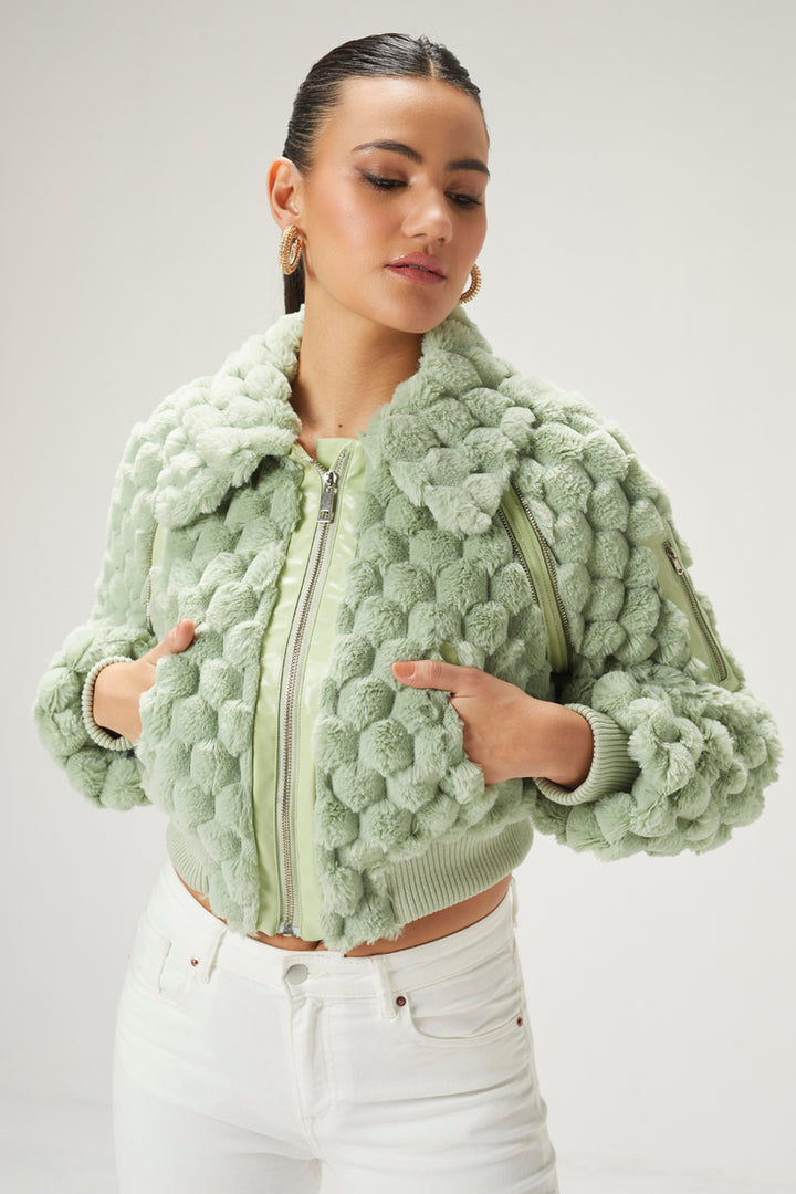 Mint Green Fur Bomber Jacket