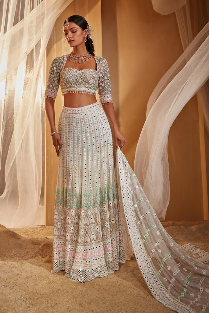 Multicolour Embroidered Fishcut Lehenga Set