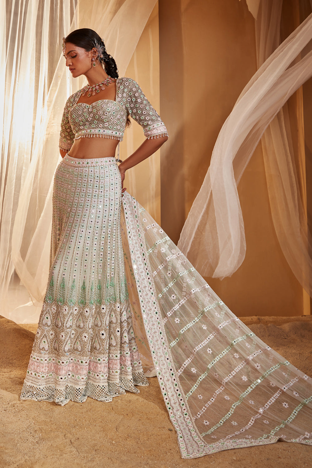 Multicolour Embroidered Fishcut Lehenga Set