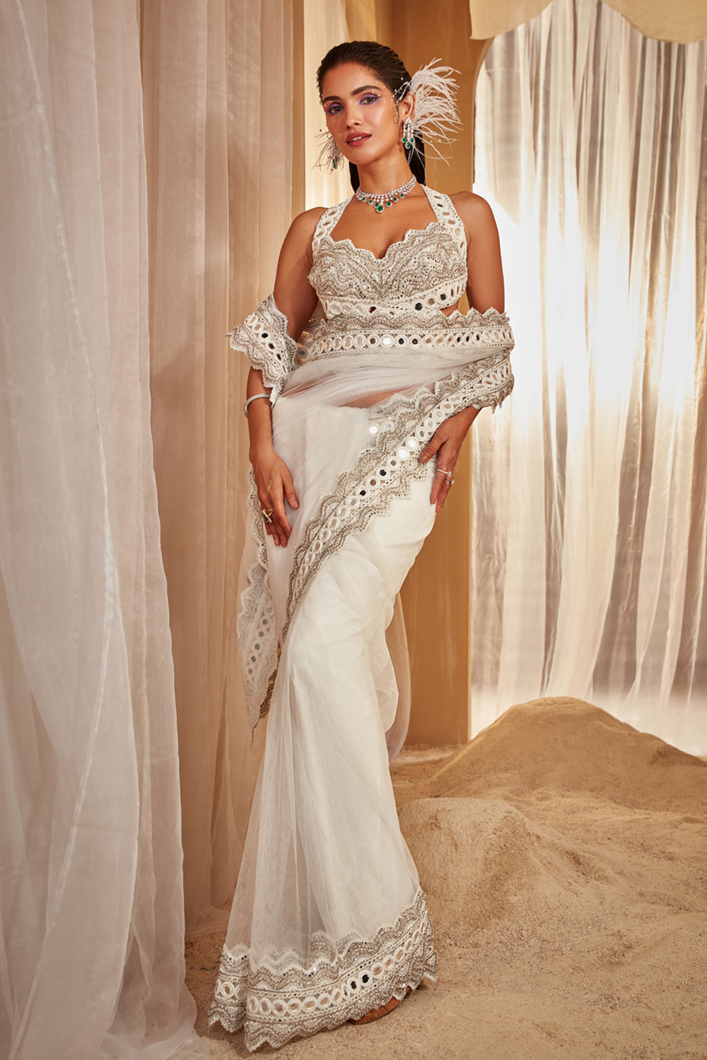 Ivory Embellished Saree Set