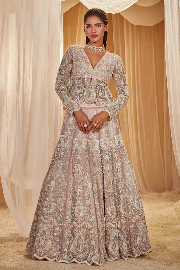 Lilac Embroidered Peplum Lehenga Set