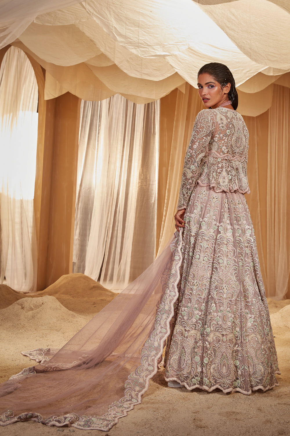 Lilac Embroidered Peplum Lehenga Set