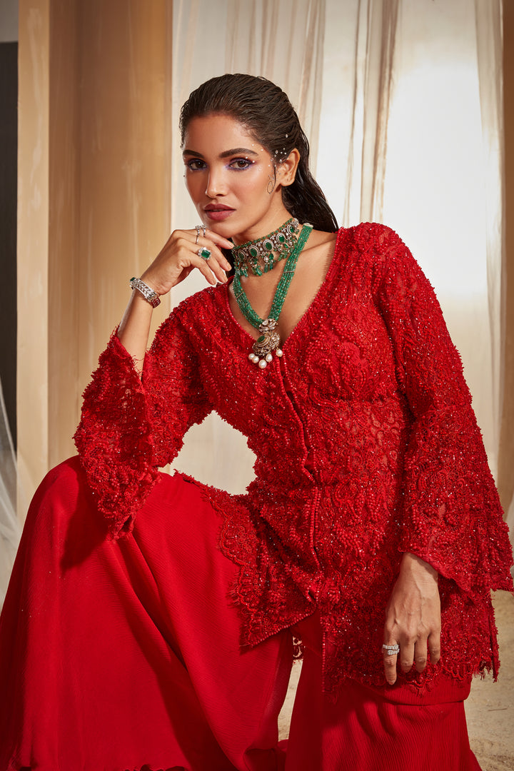 Red Embroidered Jacket Set