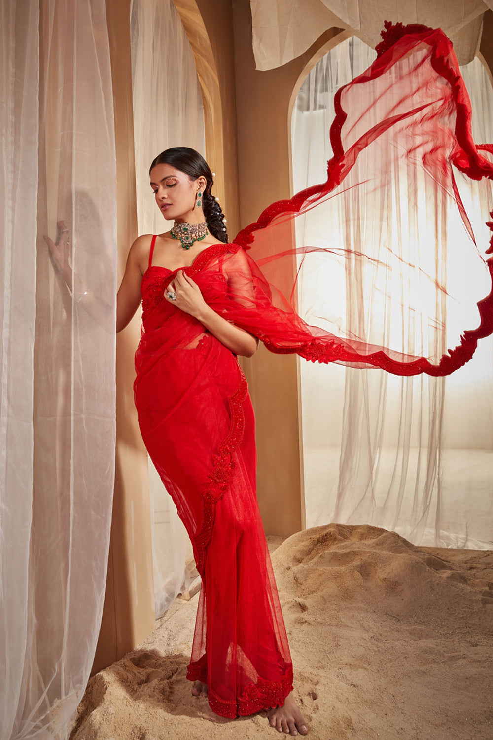 Red Embroidered Saree Set