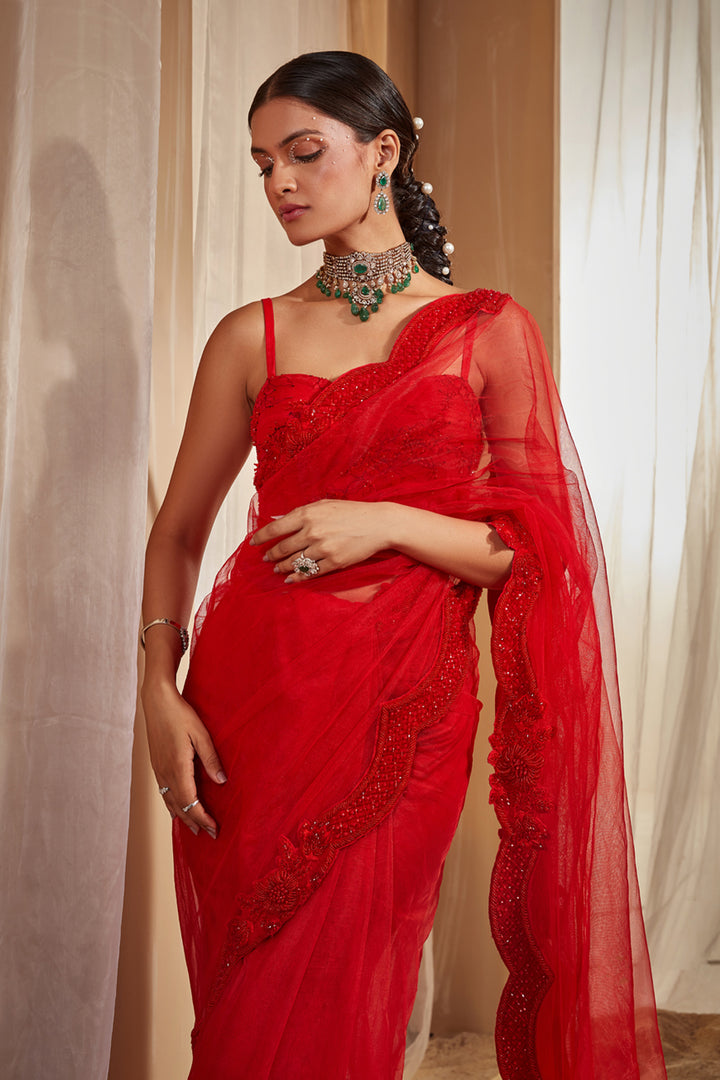 Red Embroidered Saree Set