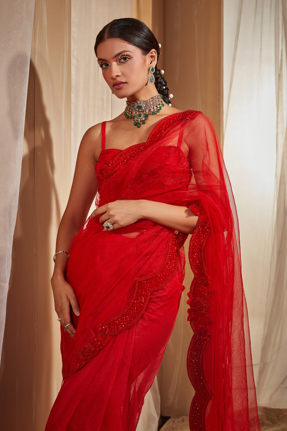 Red Embroidered Saree Set