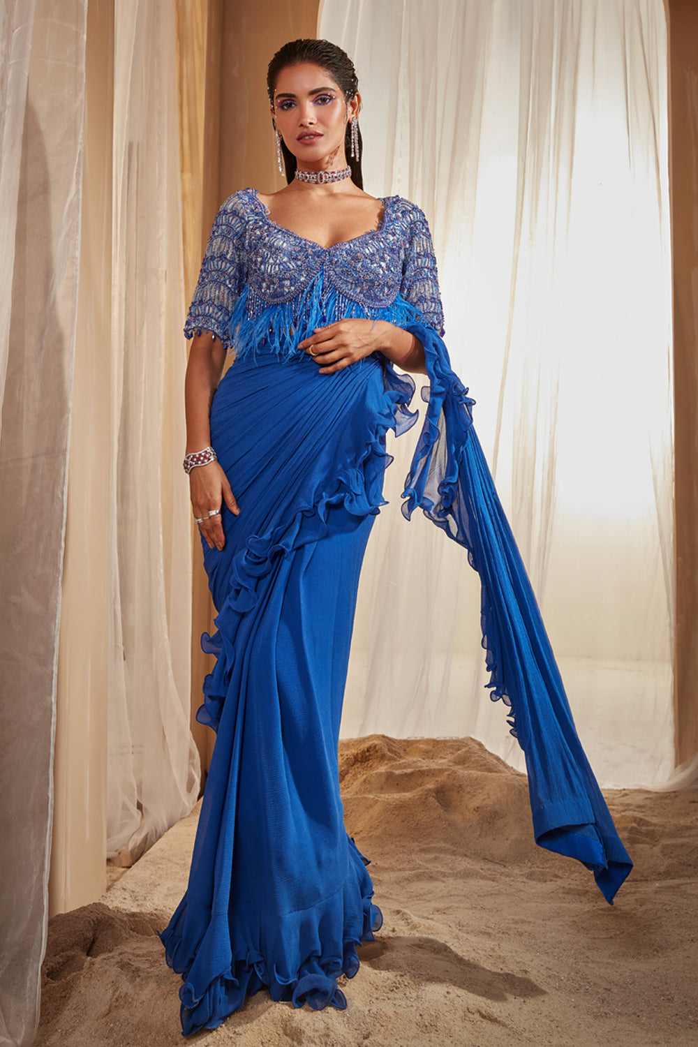 Blue Ruffle Saree and Blue Ruffle Sari online shopping