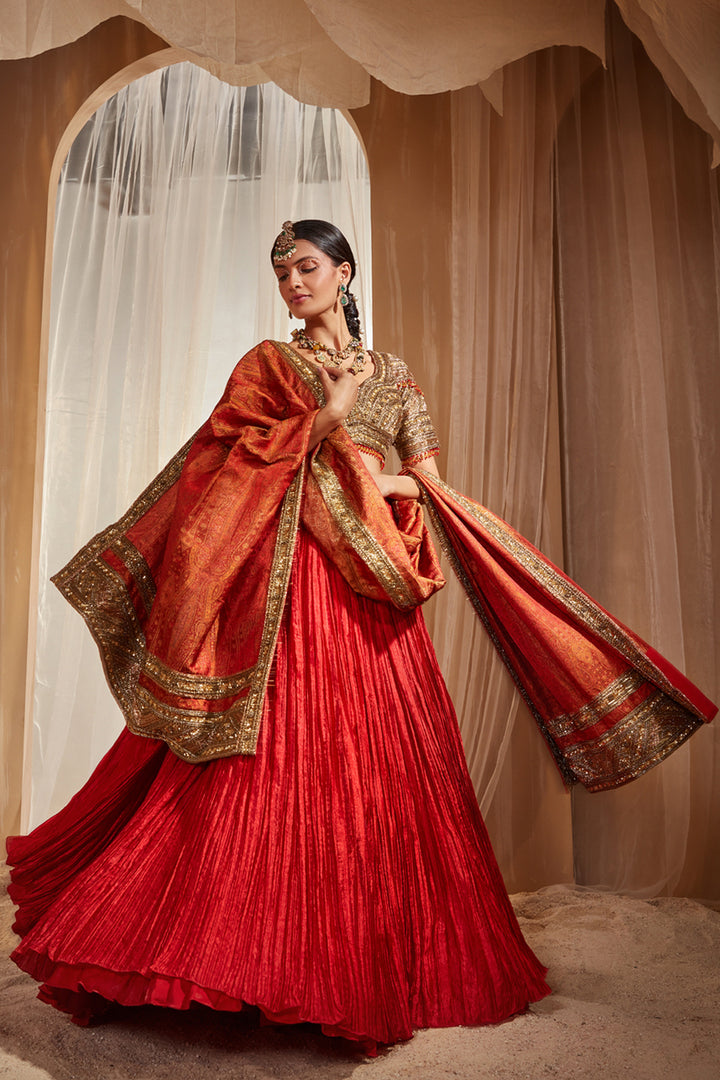 Red Crinkled Lehenga Set