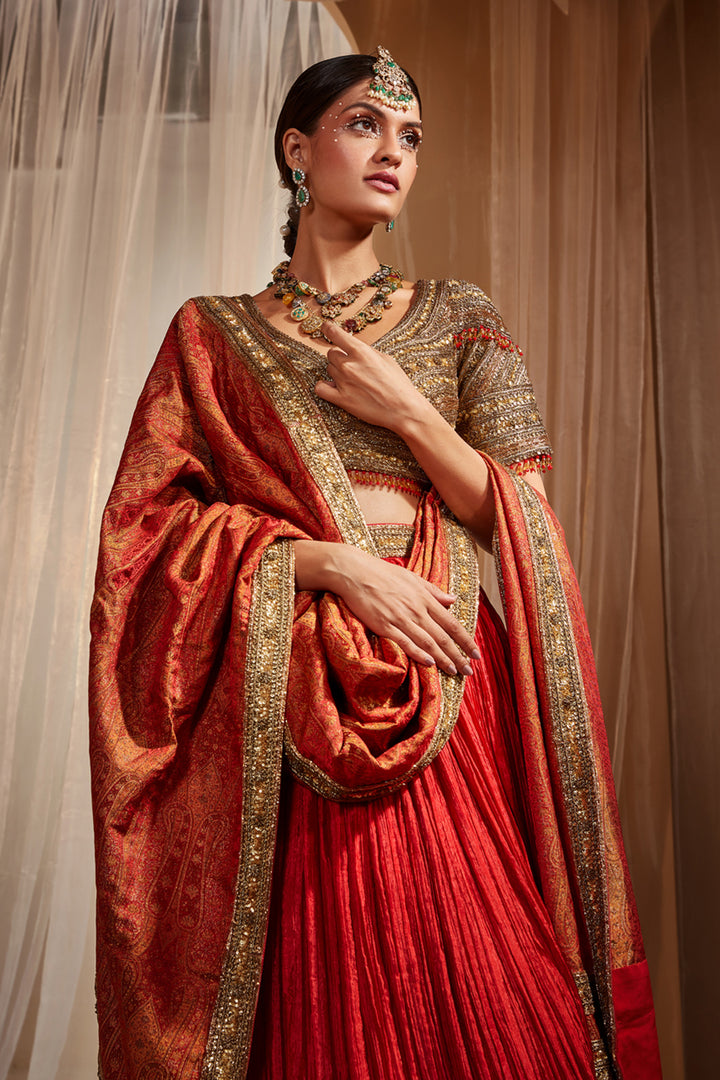 Red Crinkled Lehenga Set