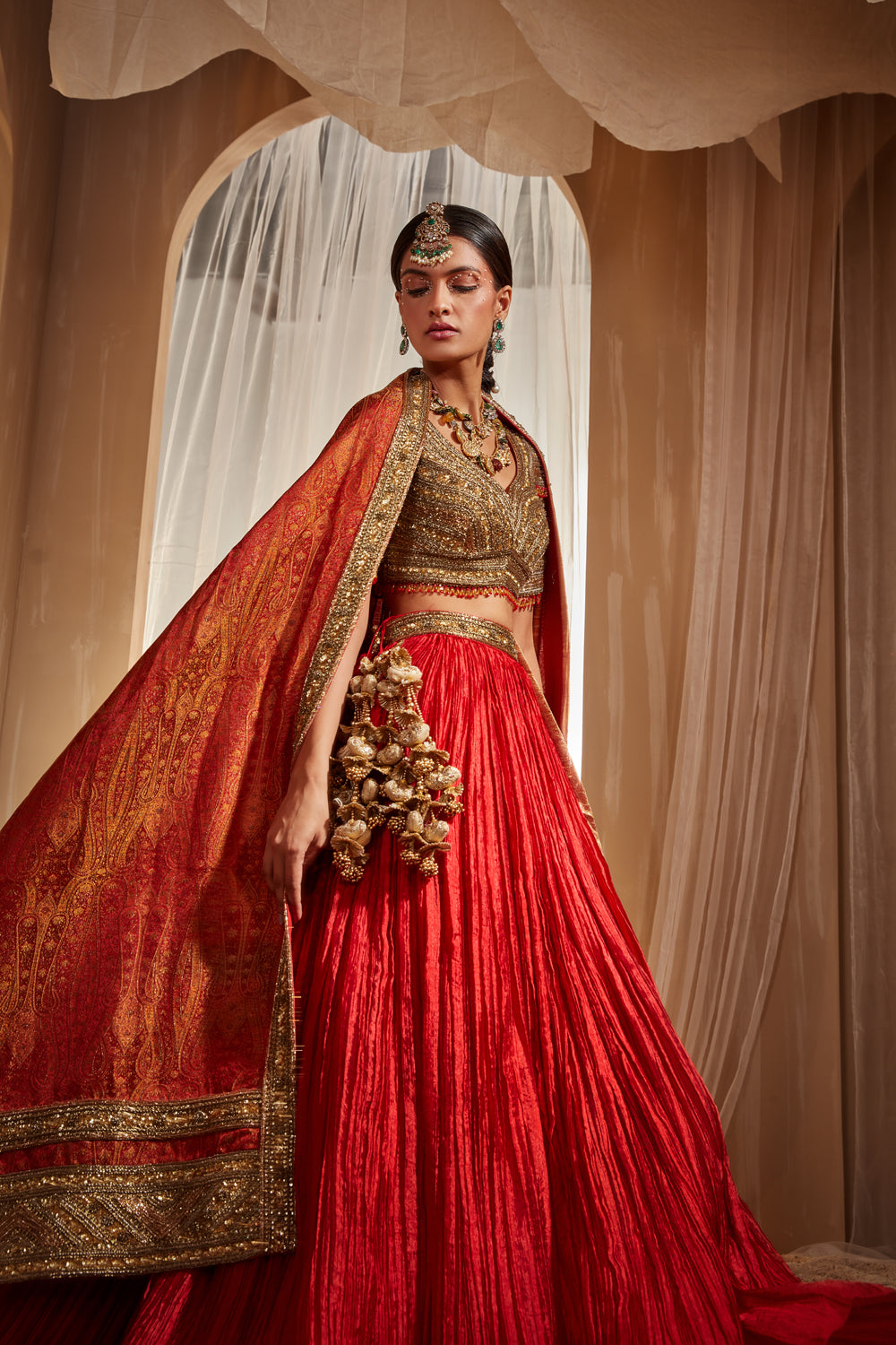 Red Crinkled Lehenga Set