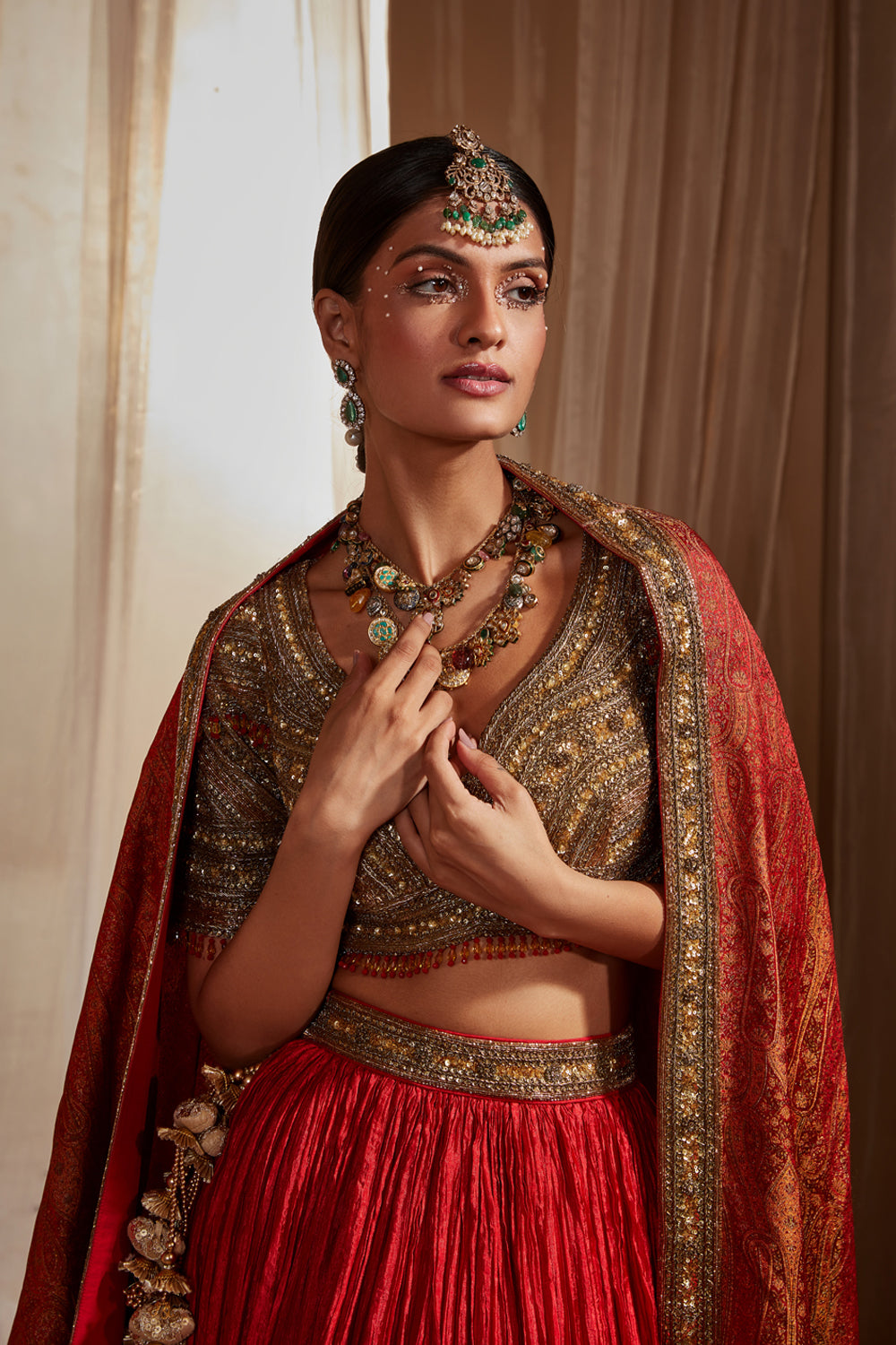 Red Crinkled Lehenga Set