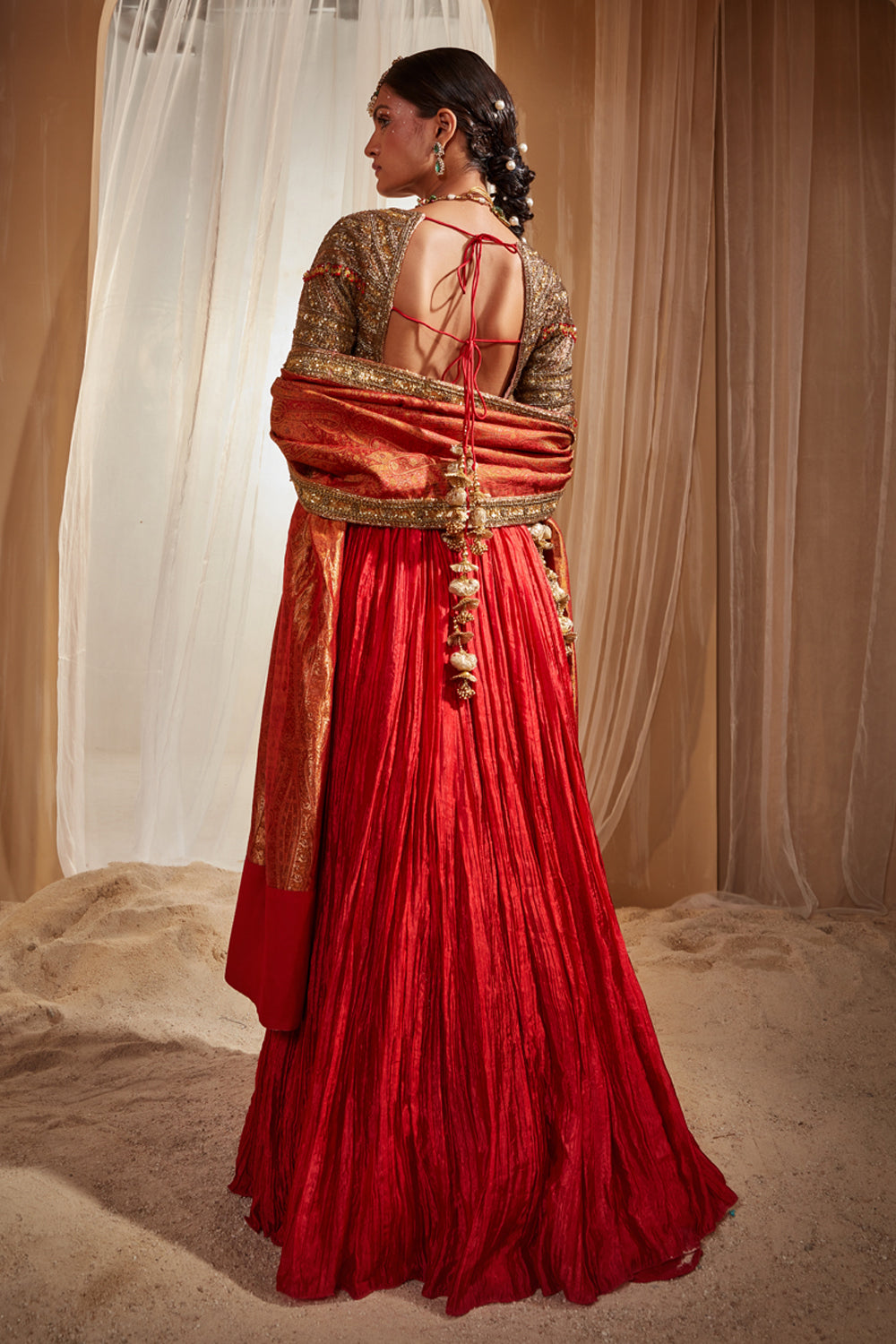 Red Crinkled Lehenga Set