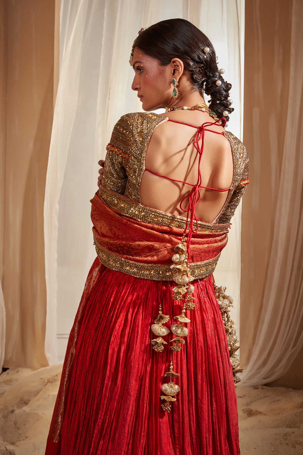 Red Crinkled Lehenga Set