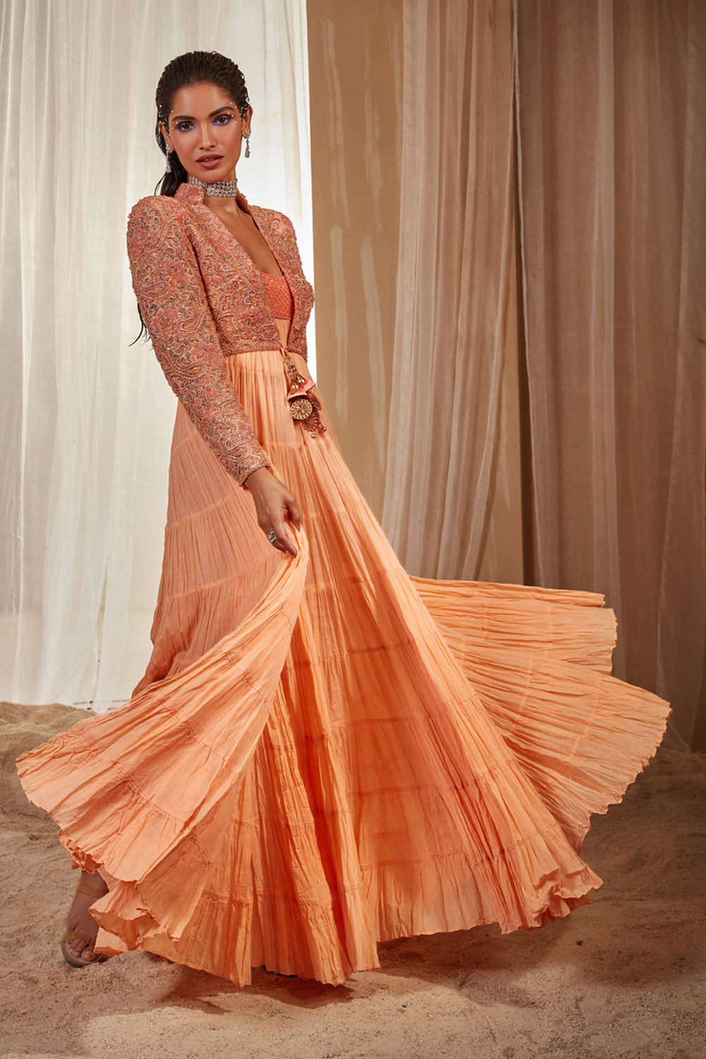 Peach Crinkled Anarkali Set