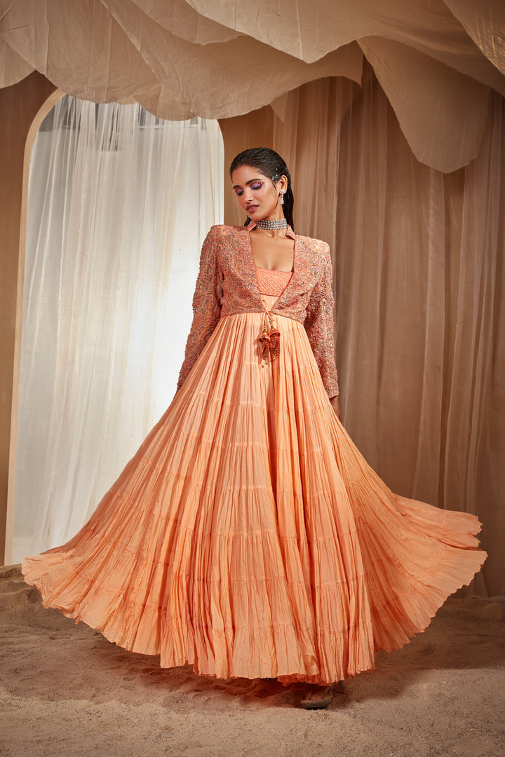 Peach Crinkled Anarkali Set